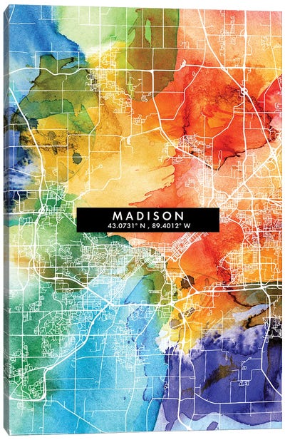 Madison City Map Colorful Watercolor Style Canvas Art Print - Wisconsin Art