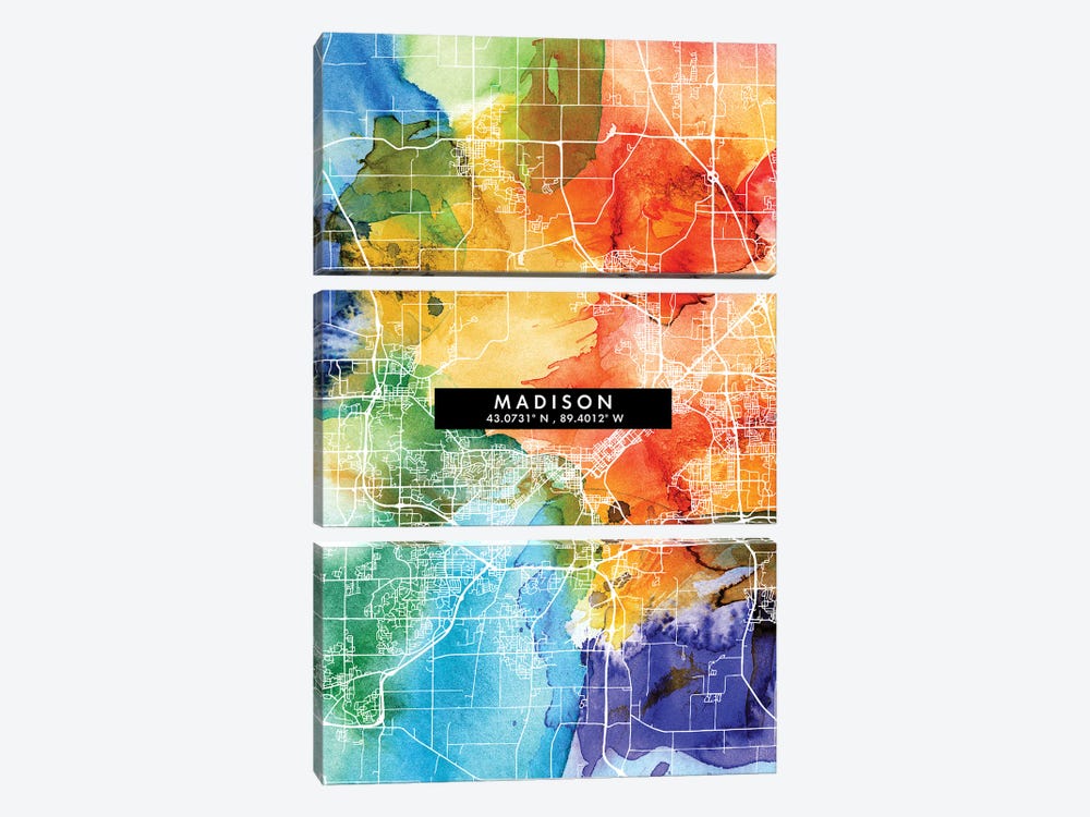 Madison City Map Colorful Watercolor Style by WallDecorAddict 3-piece Canvas Art