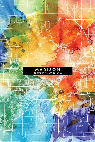 Madison: Madison City Map Colorful Watercolor Style by WallDecorAddict