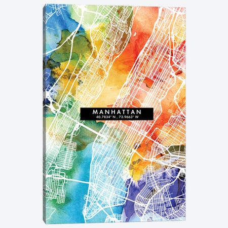 Manhattan City Map Colorful Watercolor Style Canvas Print #WDA1857} by WallDecorAddict Canvas Art