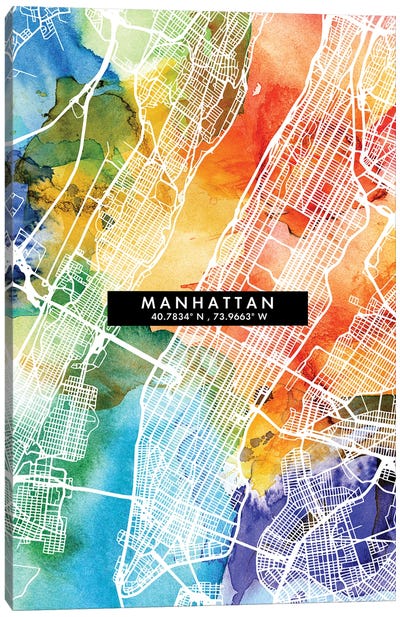 Manhattan City Map Colorful Watercolor Style Canvas Art Print - New York City Map
