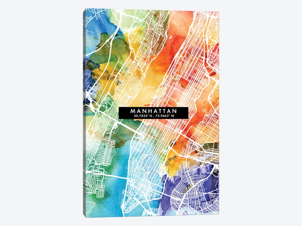 Manhattan City Map Colorful Watercolor Style by WallDecorAddict 1-piece Canvas Art Print