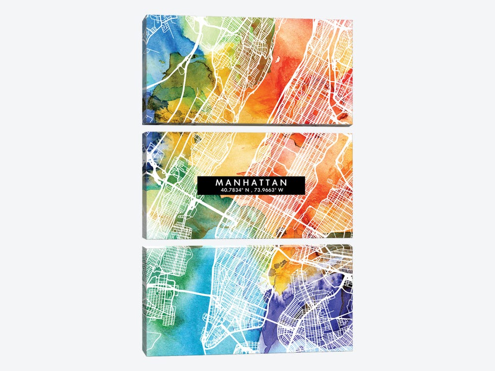 Manhattan City Map Colorful Watercolor Style by WallDecorAddict 3-piece Canvas Print