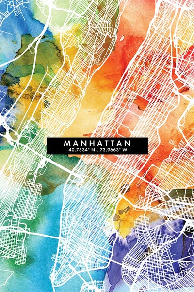 New York City Maps: Manhattan City Map Colorful Watercolor Style by WallDecorAddict