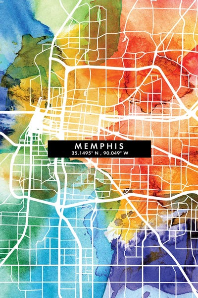 Memphis City Map Colorful Watercolor Style by WallDecorAddict canvas print