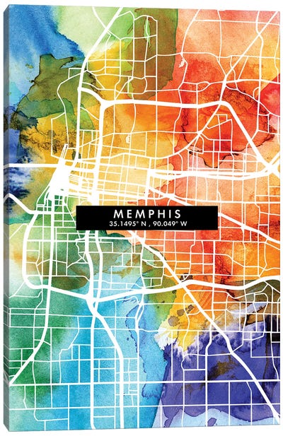Memphis City Map Colorful Watercolor Style Canvas Art Print - Memphis Art