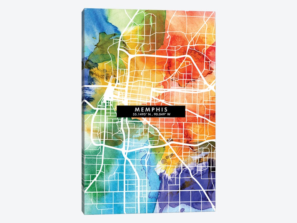 Memphis City Map Colorful Watercolor Style by WallDecorAddict 1-piece Canvas Artwork