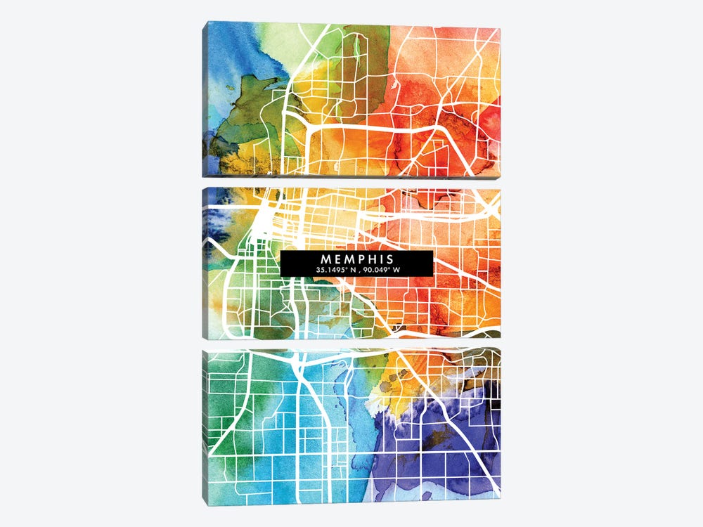 Memphis City Map Colorful Watercolor Style by WallDecorAddict 3-piece Canvas Wall Art