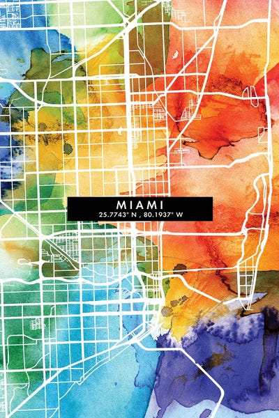 Miami City City Map Colorful Watercolor Style by WallDecorAddict framed wall art