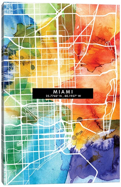 Miami City City Map Colorful Watercolor Style Canvas Art Print - Miami Art