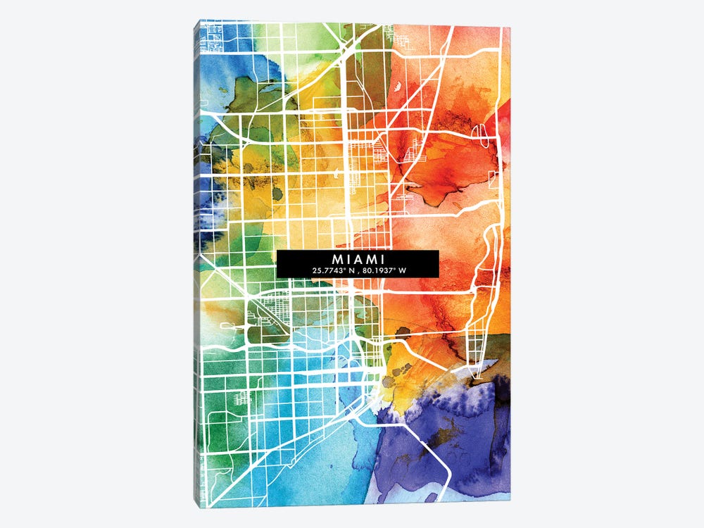 Miami City City Map Colorful Watercolor Style by WallDecorAddict 1-piece Canvas Art Print