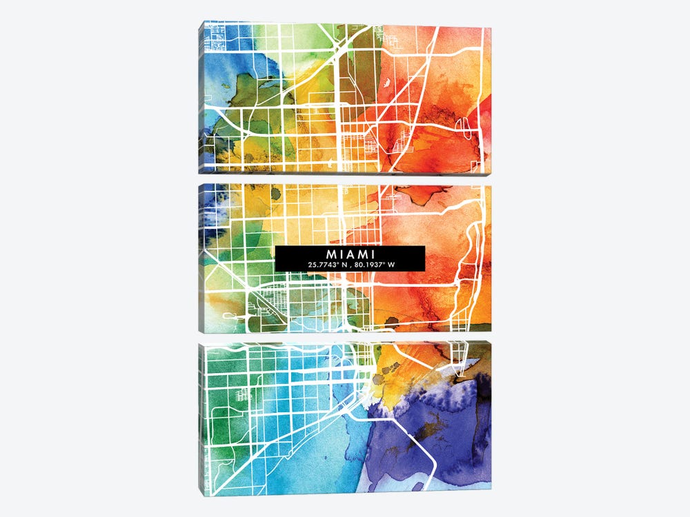 Miami City City Map Colorful Watercolor Style by WallDecorAddict 3-piece Canvas Art Print