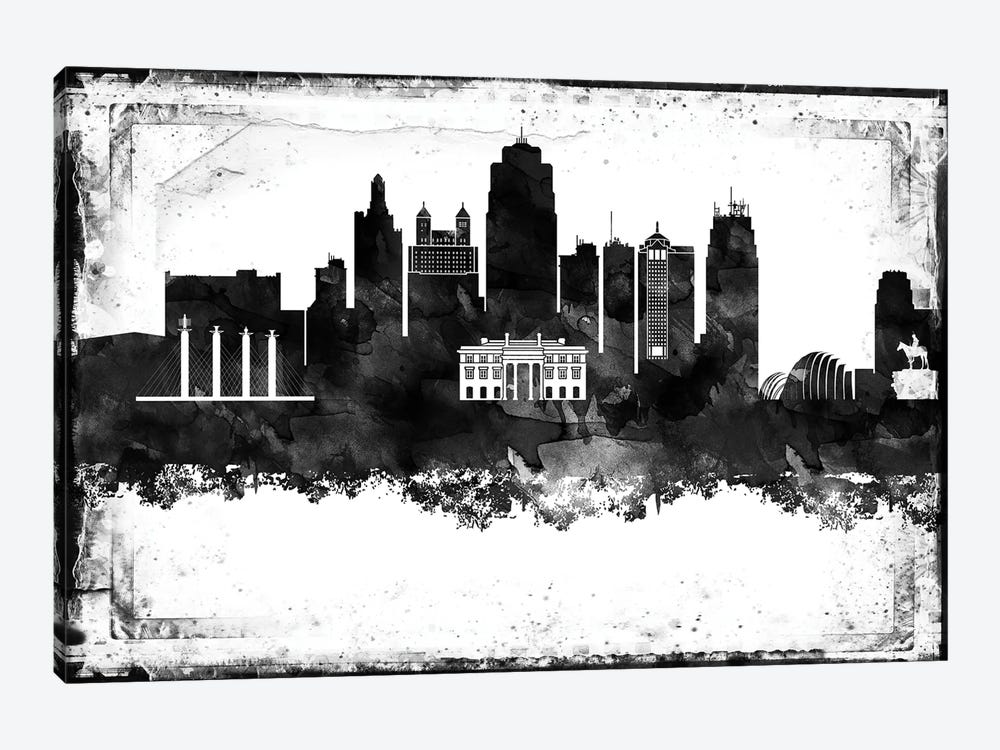 Kansas City Black And White Framed Skylines by WallDecorAddict 1-piece Art Print