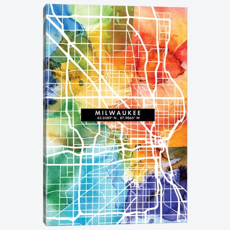 Milwaukee City Map Colorful Watercolor Style Canvas Print #WDA1860} by WallDecorAddict Canvas Wall Art