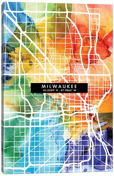 Milwaukee City Map Colorful Watercolor Style Canvas Art Print - Wisconsin Art