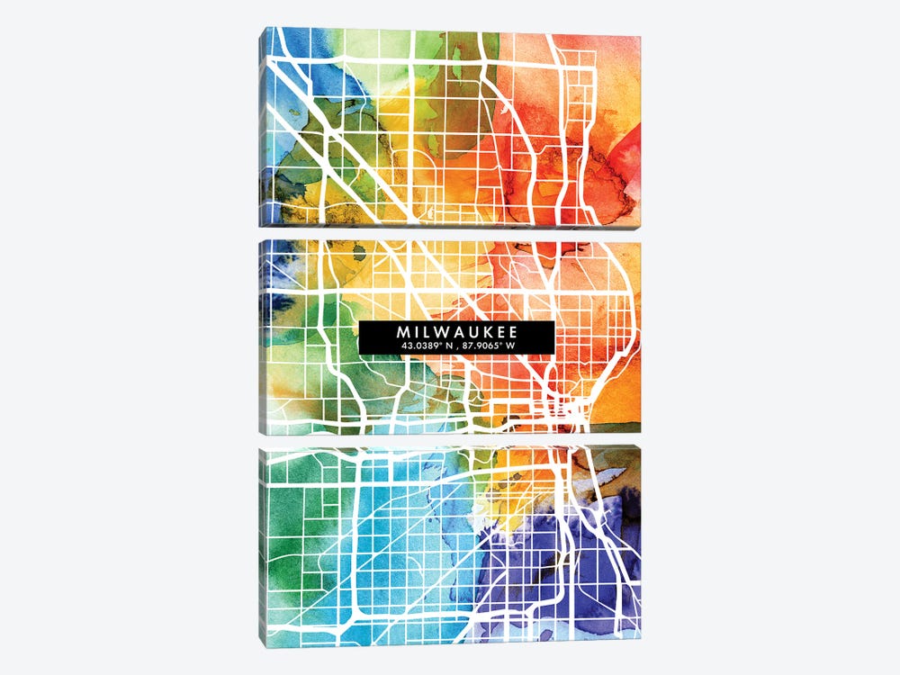 Milwaukee City Map Colorful Watercolor Style by WallDecorAddict 3-piece Art Print