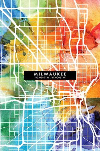 Wisconsin: Milwaukee City Map Colorful Watercolor Style by WallDecorAddict