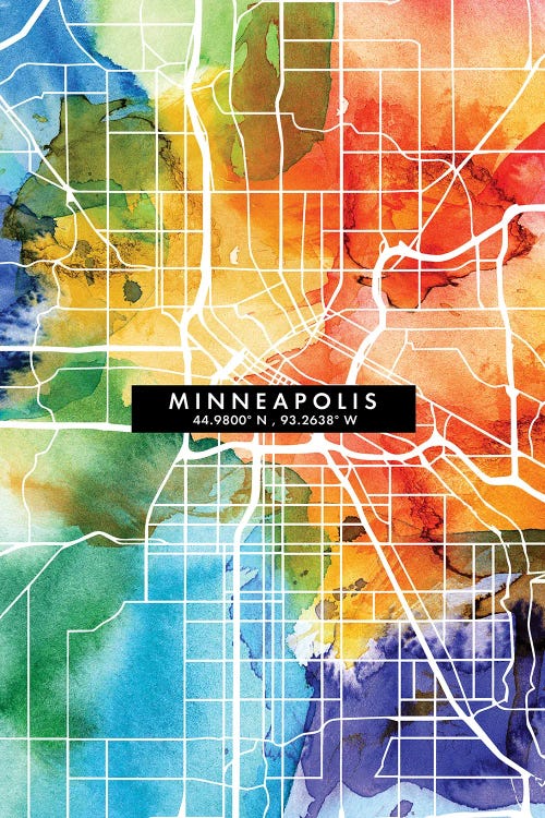 Minneapolis City Map Colorful Watercolor Style by WallDecorAddict wall art
