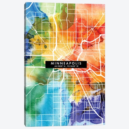 Minneapolis City Map Colorful Watercolor Style Canvas Print #WDA1861} by WallDecorAddict Canvas Art