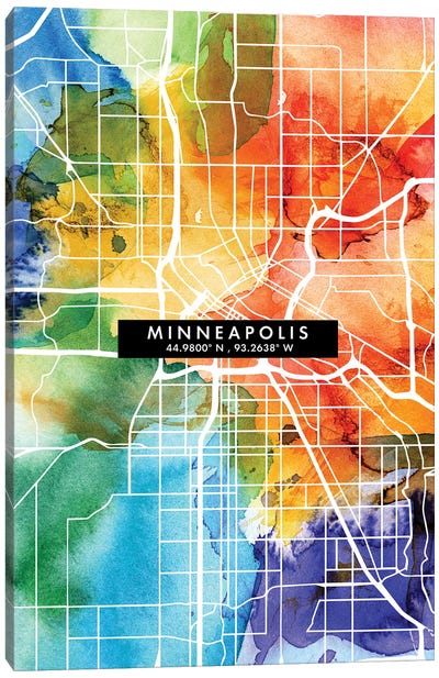 Minneapolis City Map Colorful Watercolor Style Canvas Art Print - Minnesota Art