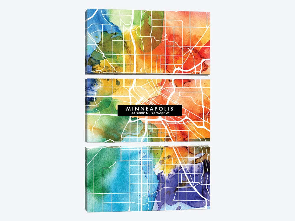 Minneapolis City Map Colorful Watercolor Style by WallDecorAddict 3-piece Canvas Artwork