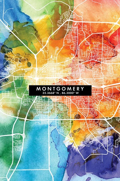 Montgomery City Map Colorful Watercolor Style by WallDecorAddict framed canvas print
