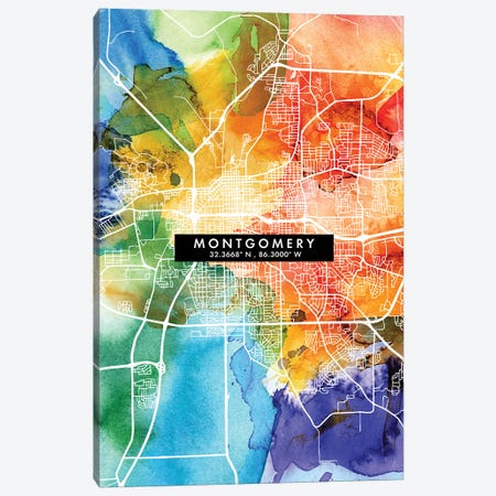 Montgomery City Map Colorful Watercolor Style Canvas Print #WDA1862} by WallDecorAddict Canvas Art