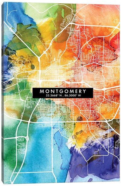 Montgomery City Map Colorful Watercolor Style Canvas Art Print - Alabama Art