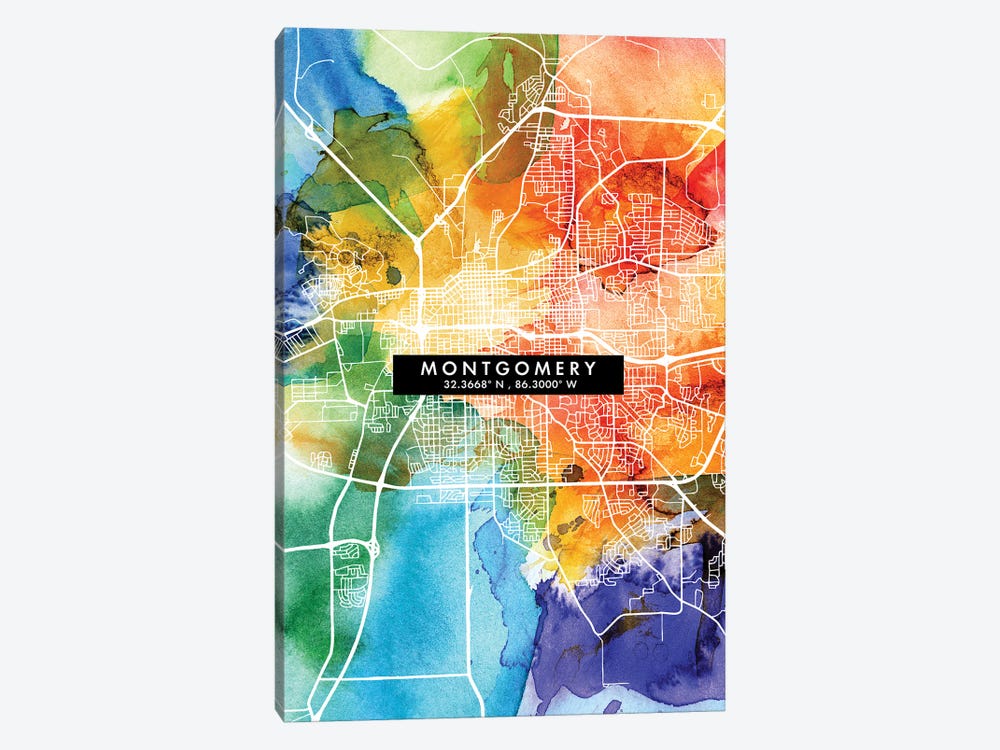 Montgomery City Map Colorful Watercolor Style by WallDecorAddict 1-piece Canvas Print