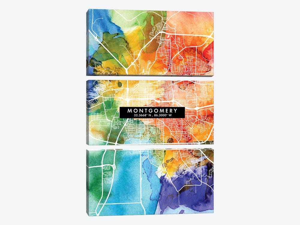 Montgomery City Map Colorful Watercolor Style by WallDecorAddict 3-piece Canvas Art Print