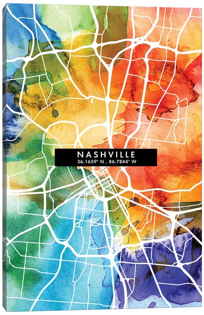 Nashville City Map Colorful Watercolor Style Canvas Art Print - Nashville Art