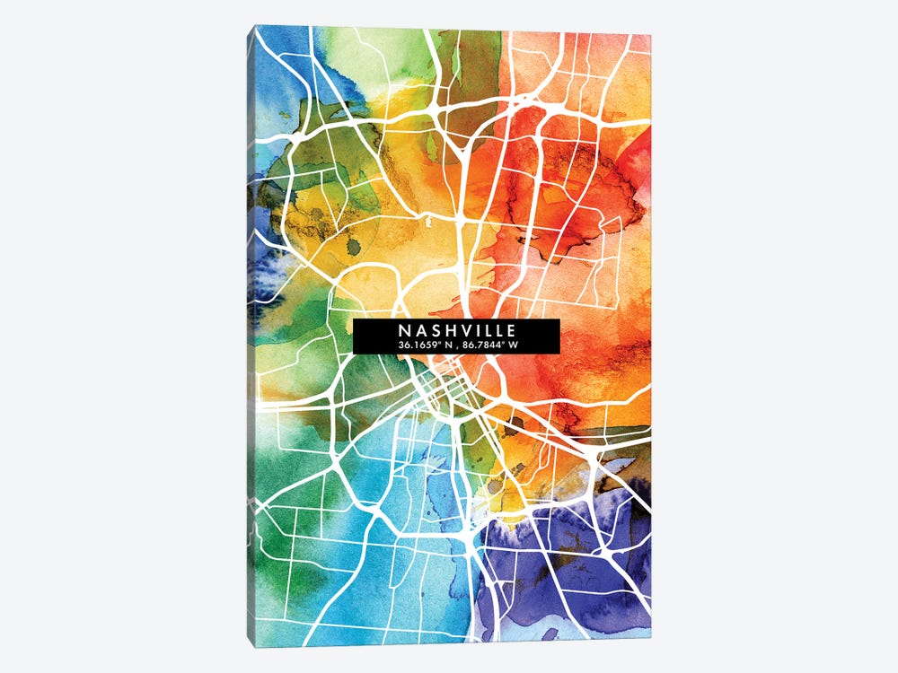 Nashville City Map Colorful Watercolor Style by WallDecorAddict 1-piece Canvas Wall Art