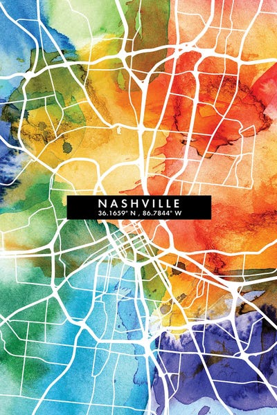 Tennessee: Nashville City Map Colorful Watercolor Style by WallDecorAddict