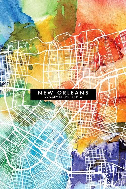 New Orleans City Map Colorful Watercolor Style