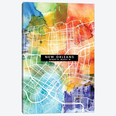 New Orleans City Map Colorful Watercolor Style Canvas Print #WDA1864} by WallDecorAddict Canvas Print