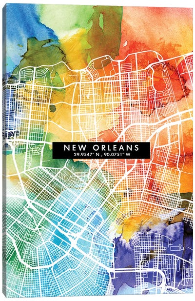 New Orleans City Map Colorful Watercolor Style Canvas Art Print - Louisiana Art