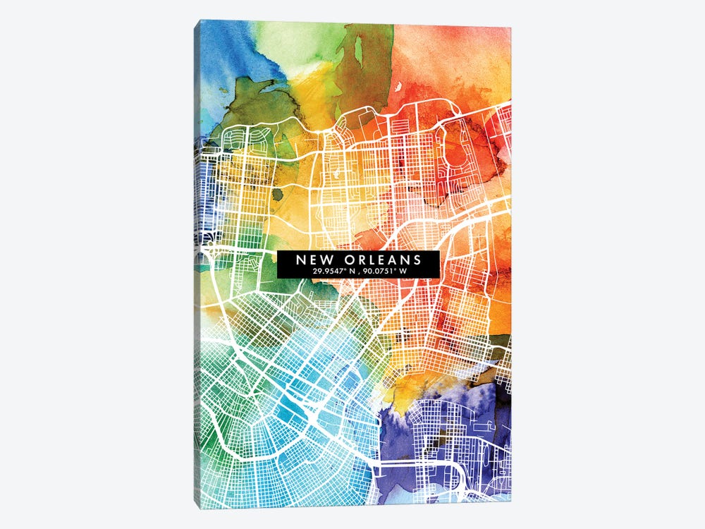 New Orleans City Map Colorful Watercolor Style by WallDecorAddict 1-piece Canvas Art Print