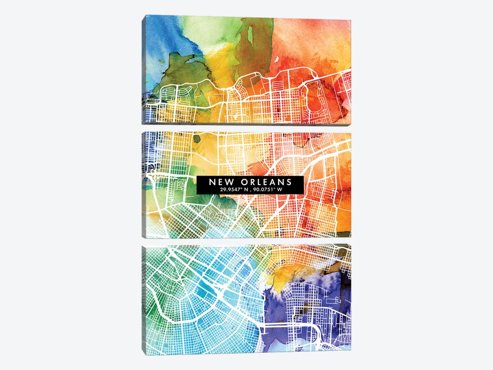 New Orleans City Map Colorful Watercolor Style by WallDecorAddict 3-piece Art Print