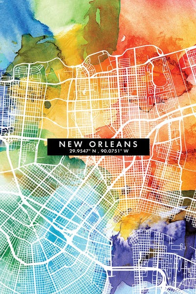 Louisiana: New Orleans City Map Colorful Watercolor Style by WallDecorAddict