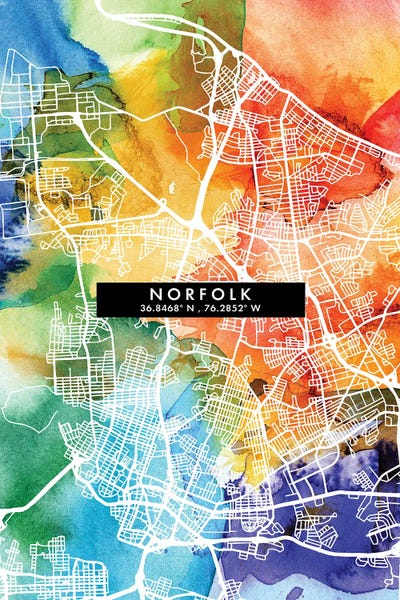 Norfolk City Map Colorful Watercolor Style by WallDecorAddict art print