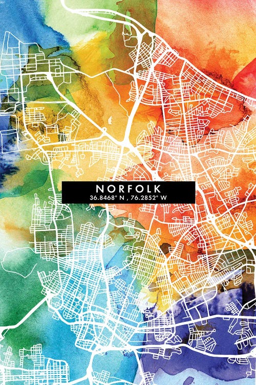 Norfolk City Map Colorful Watercolor Style by WallDecorAddict wall art