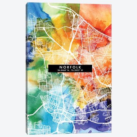 Norfolk City Map Colorful Watercolor Style Canvas Print #WDA1866} by WallDecorAddict Canvas Art Print