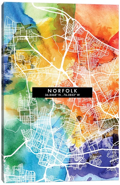 Norfolk City Map Colorful Watercolor Style Canvas Art Print - Virginia Art