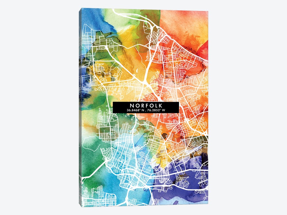 Norfolk City Map Colorful Watercolor Style by WallDecorAddict 1-piece Art Print
