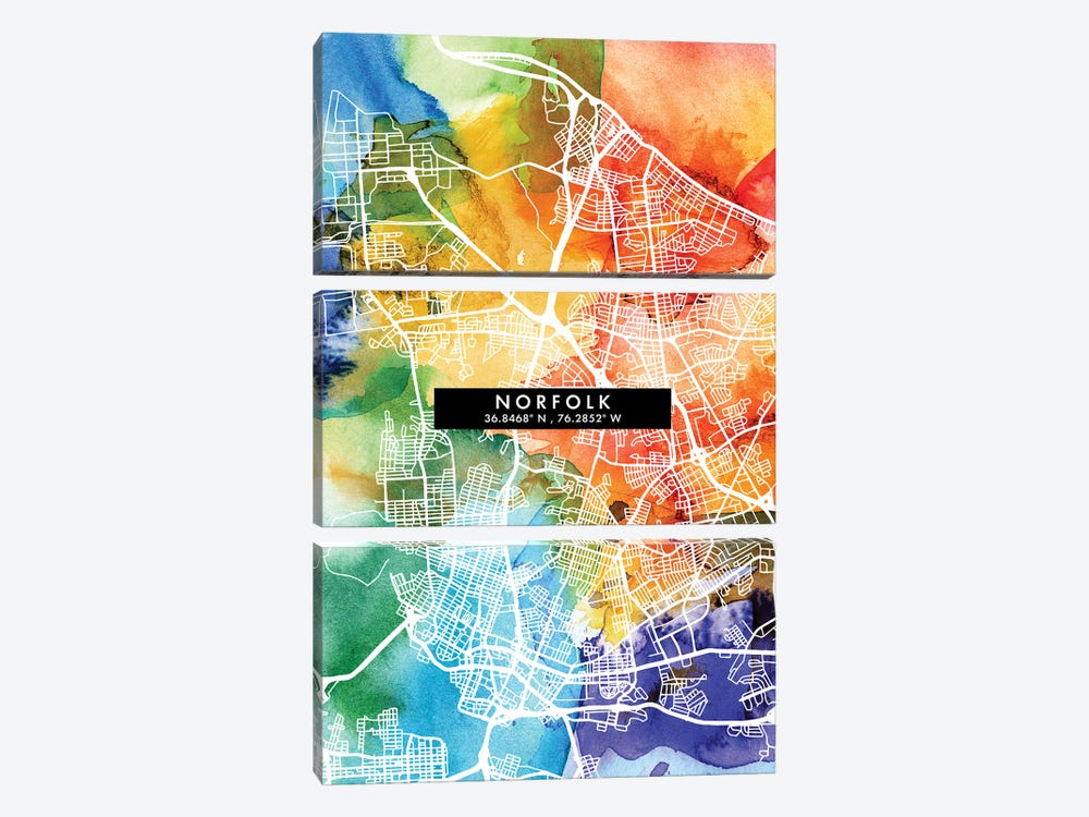 Norfolk City Map Colorful Watercolor Style by WallDecorAddict 3-piece Art Print