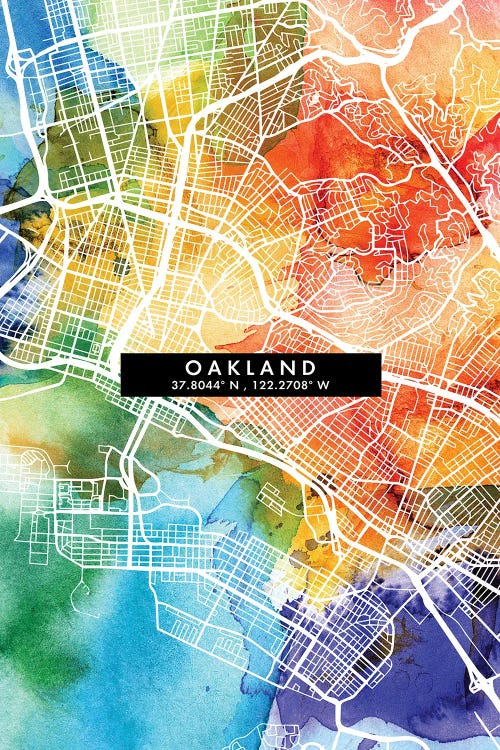 Oakland, California City Map Colorful Watercolor Style