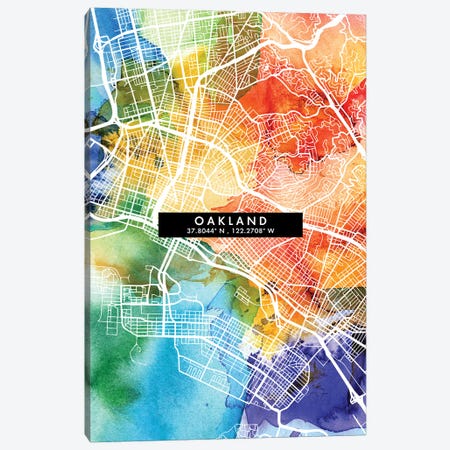 Oakland, California City Map Colorful Watercolor Style Canvas Print #WDA1867} by WallDecorAddict Art Print