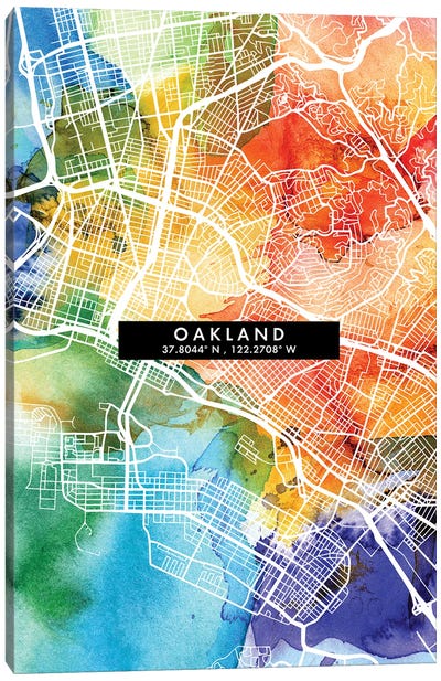 Oakland, California City Map Colorful Watercolor Style Canvas Art Print - Oakland Art