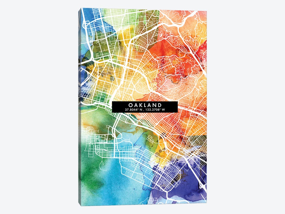 Oakland, California City Map Colorful Watercolor Style by WallDecorAddict 1-piece Canvas Art