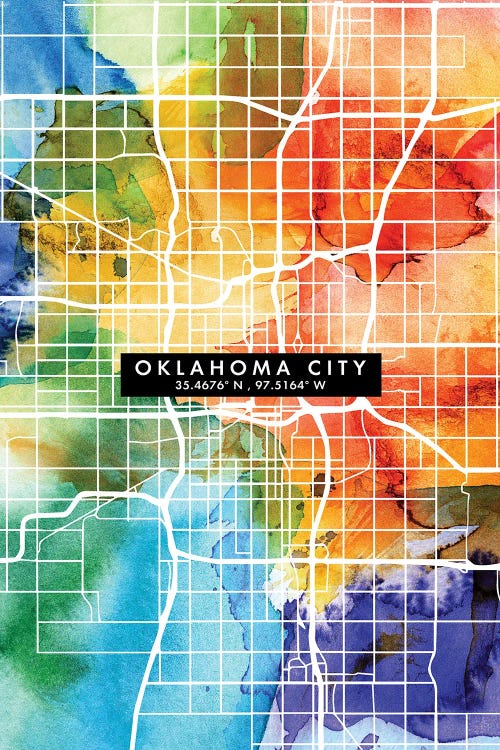 Oklahoma City Map Colorful Watercolor Style by WallDecorAddict wall art